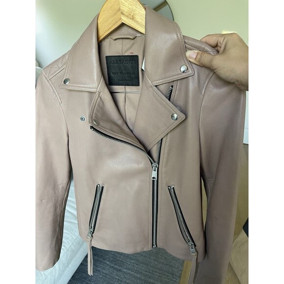 AllSaints Dalby Lamb Leather Biker Jacket Size US 4 UK8 $529 Moonlight Pink Rare - Picture 9 of 14